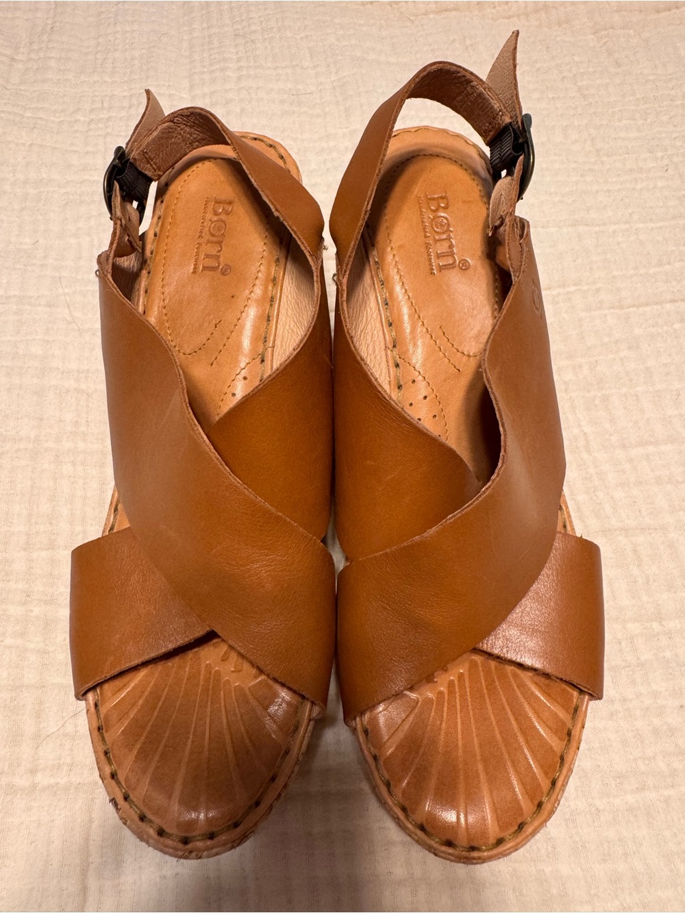 Born Brown Leather Crisscross Slingback Wedged Sandals